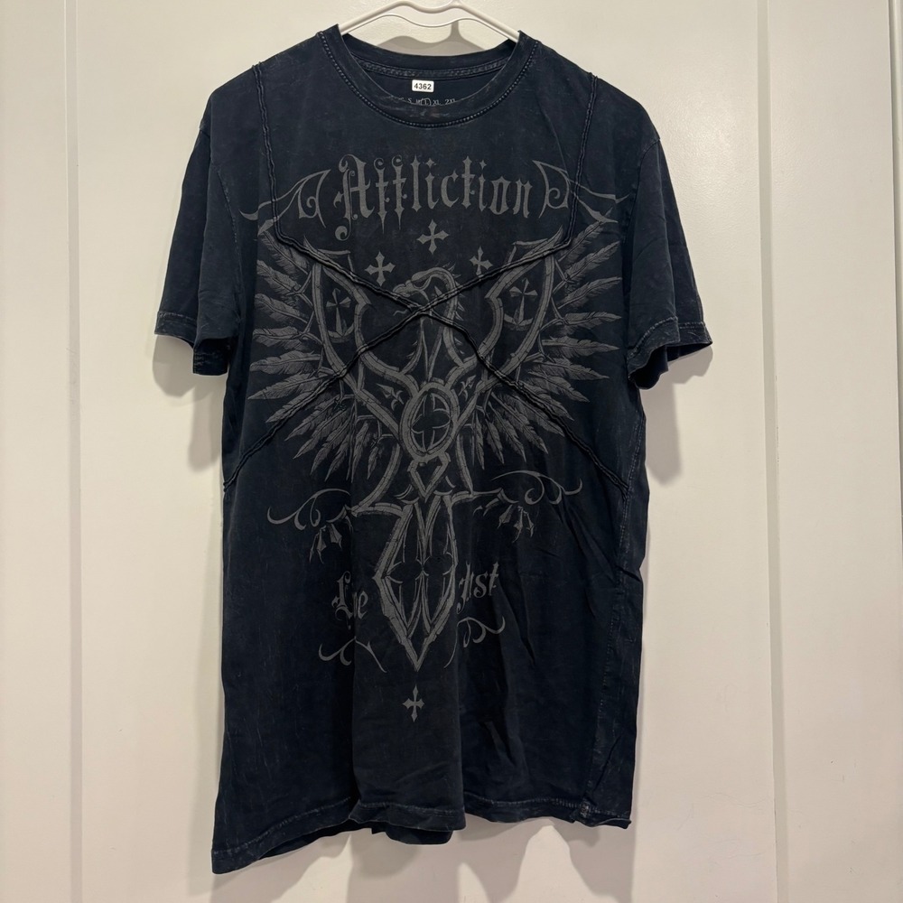 Affliction Men Black Graphic T-Shirt Live Fast Eagle Cross Y2K Biker Large